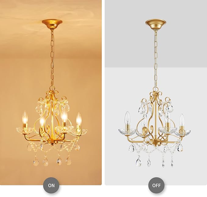 WUZUPS Crystal Candle Chandelier Pendant Flushmount Ceiling Light Modern Lighting Fixture for Bedroom Hallway Bar Kitchen Bathroom, H 14" x W 16", Gold, E12 Base