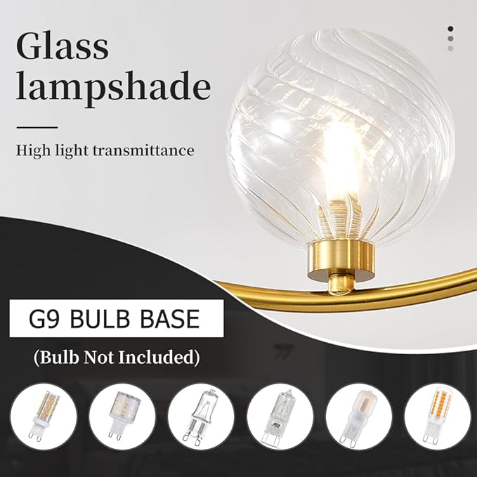 5-Head Gold Modern Chandelier with 5 Clear Glass Globe Bulbs, Globe Chandelier, Elegant Lamps with Gold Accents, Ceiling Light for Living Room Kitchen Island Bedroom Entryway
