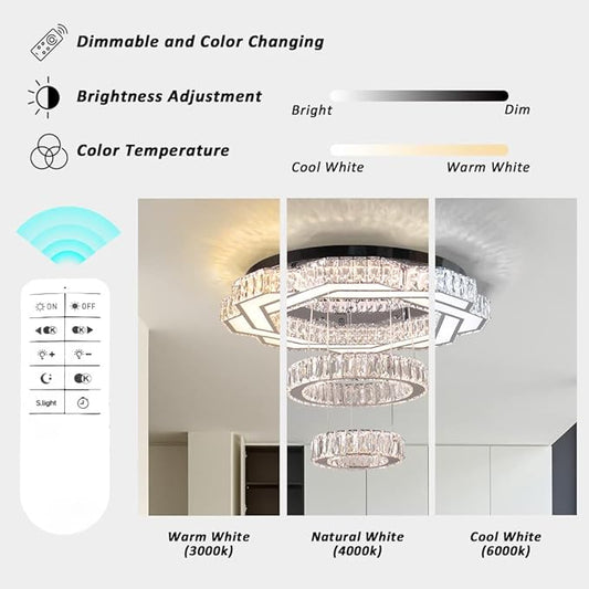 22.5" Crystal Chandeliers Living Room Modern Crystal Ceiling Light with Remote LED Ring Round Pendant Light Flush Mount Chandelier for Bedroom Dining Room Entryway Dimmable