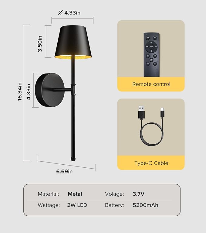 UME Wireless Sconces Set of 2 with Remote, 5200mAh Battery Powered Sconces - Small Rechargeable Sconces w/ 3 Color Temps & 5 Brightness Levels for Bedroom, Living Room, Wall Painting, Cafe (Black)
