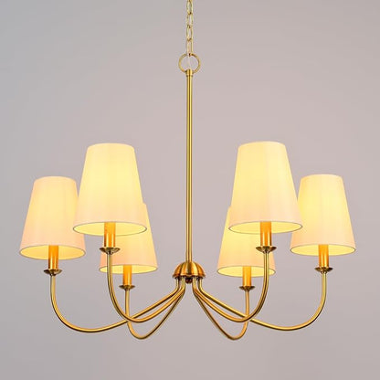 Gold Chandelier, Brushed Brass with Beige Fabric Shade, 6-Light 28" Modern Farmhouse Linear Pendant Lighting Fixture for Kitchen Island