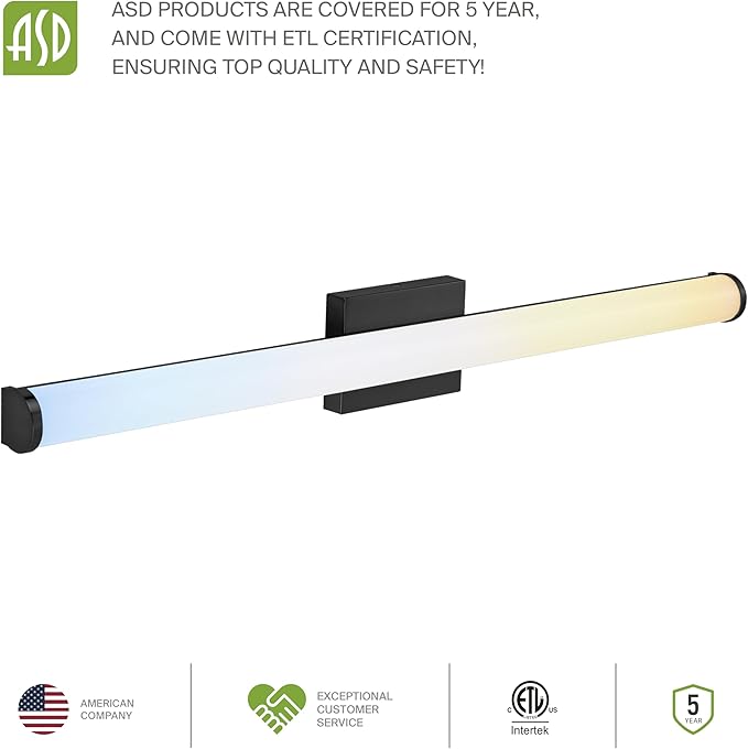 ASD 36" LED Linear Vanity Light Fixture, Modern Bathroom Sconce — 3 Color 3000K-5000K, Dimmable, 30W 2100LM, Energy Star & ETL Listed — Over Mirror Makeup Slim Bar for Bedroom, Cabinets — Black