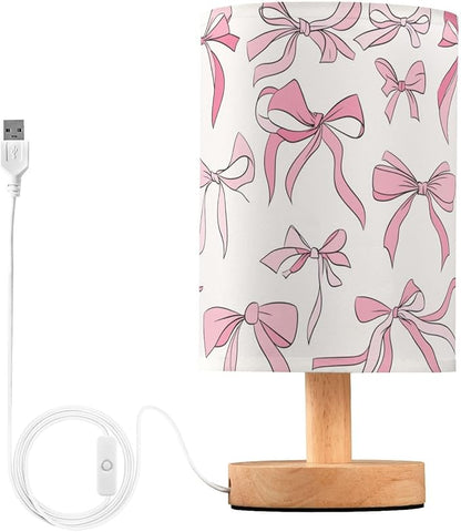 Bedside Table Lamp Pink Bow Nightstand Lamp with Wood Desk Lamps for Bedroom Living Room Nursery Office Home Decor