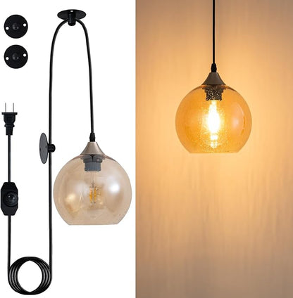 Amber Raindrop Pendant Light Plug in Hanging Lamp with Dimmable Switch Textured Teardrop Glass Shade 16.4 Ft Cable for Living Room Bedroom Bohemian Decor