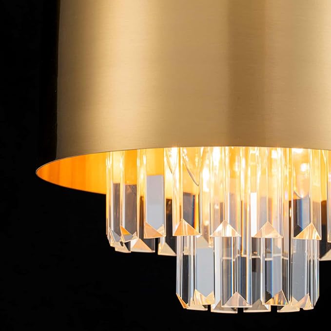 LumFurn 3-Light Luxury K9 Crystal Ceiling Light for Living Room, Foyer, Bedroom, Close to Ceiling Semi-Flushmount Light Fixture, Brass Finish Metal Lampshade & Clear Crystal Pendant