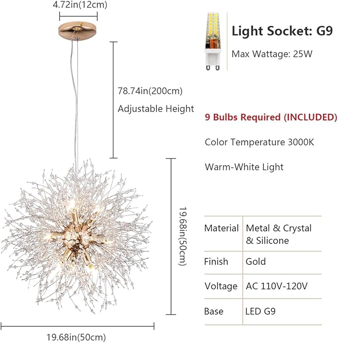 Firework Gold Crystal Chandelier, 9-Light Dandelion Chandelier Lighting for Dining Room, 19.6" Modern Sputnik Pendant Light for Bedroom Kitchen Island