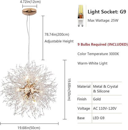 Firework Gold Crystal Chandelier, 9-Light Dandelion Chandelier Lighting for Dining Room, 19.6" Modern Sputnik Pendant Light for Bedroom Kitchen Island