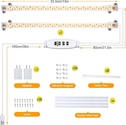 Hywyimlait Two Strip Growing Lamp for Indoor Plants, 3500K Full Spectrum LED Grow Light Strips with Auto ON/Off 3/9/12H Timer & 10 Dimmable Levels for Green House Succulent (2 Headx2 Pack)