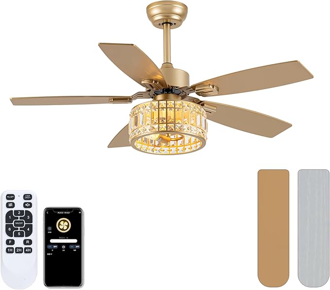 Chandelier Ceiling Fans with Lights and Remote,Caged Ceiling Fan with Light,App 5 Blades E26 Fandelier Ceiling Fans with Lights,Crystal Ceiling Fan for Bedroom,Living Room. (Gold, 42 Inch)