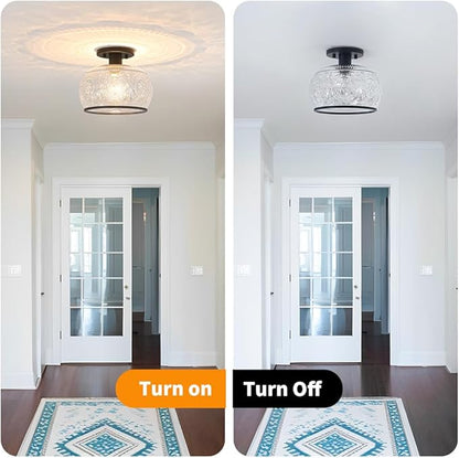 Black Vintage Semi-Flush Mount Ceiling Light with Globe Glass. Ideal for Small Kitchen, Closet, Hallway, Entryway, and Bathroom Lighting