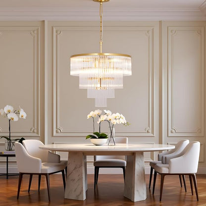 Modern Multi-Tier Crystal Chandelier 4-Tier Round Gold Finish Ceiling Light -Cylindrical Glass Rods -Dining Room Living Room Bedroom Entryway -Luxury Lighting Fixture 20''
