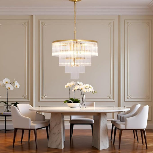 Modern Multi-Tier Crystal Chandelier 4-Tier Round Gold Finish Ceiling Light -Cylindrical Glass Rods -Dining Room Living Room Bedroom Entryway -Luxury Lighting Fixture 20''