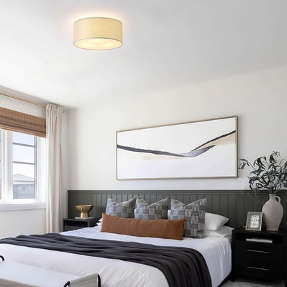 3-Light Semi Flush Mount Ceiling Light Fixture,Round Ceiling Light Fixture for Bedroom,12.6" Modern Close to Ceiling Light with Linen Fabric Drum Shade,Ceiling Lamps for Hallway Living Room