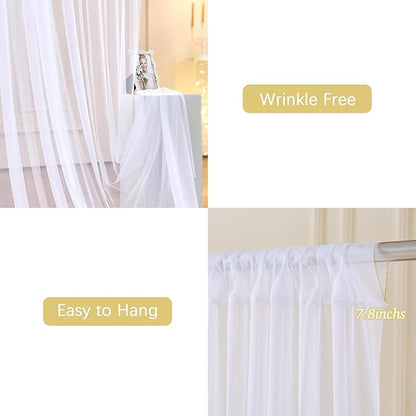 White Sheer Tulle Backdrop Curtains with Lights String for Party Wedding Wrinkle Free Curtain Backdrops Drapes for Baby Shower Birthday Party Photo Back Drop Background Home Decorations 10ft x 8ft
