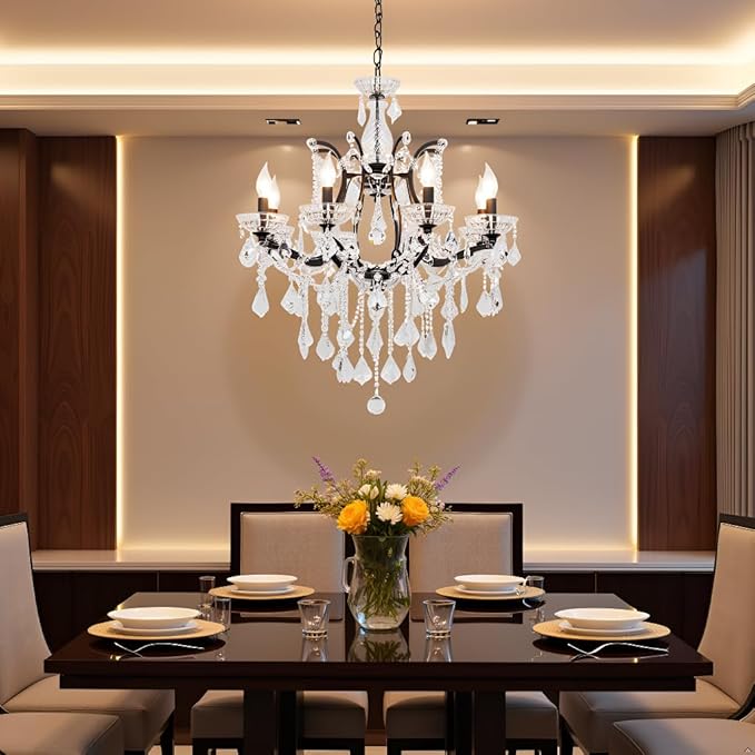 6-Light Crystal Chandelier Black Finish Modern Luxury Antique Flush Mount Chandelier with Crystal Drops Prisms Beads, Elegant Dining Room Living Room Entryway Foyer Ceiling Light Fixture