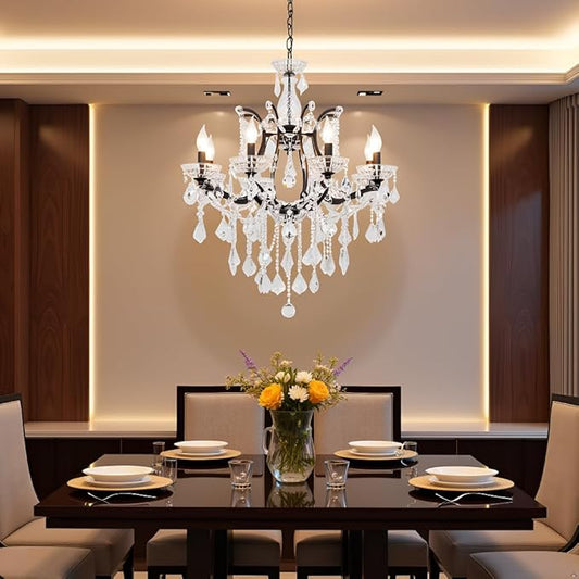 6-Light Crystal Chandelier Black Finish Modern Luxury Antique Flush Mount Chandelier with Crystal Drops Prisms Beads, Elegant Dining Room Living Room Entryway Foyer Ceiling Light Fixture