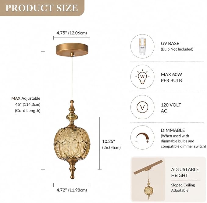 Amber Glass Pendant Lights Kitchen Island Pendant Light Fixtures Vintage Pendant Lighting for Bedroom Living Dining Room(4.75 in, 1 Pack)