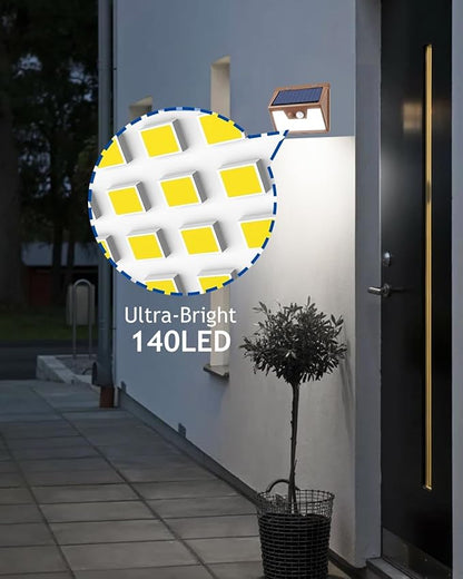 Peasur Solar Lights Outdoor Motion Sensor [3 Pack/140LED/Brown], Ultra-Bright 3 Mode Fence Security Light Waterproof, Solar Wall Lighting for Patio Yard Step House Outside