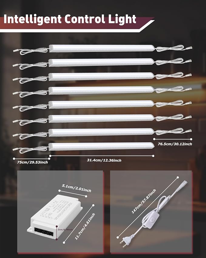 Cefrank Under Cabinet LED Light Bars, V-Shape, 8pcs 12", 16 Watt 1600 Lumens, Warm White 3000K