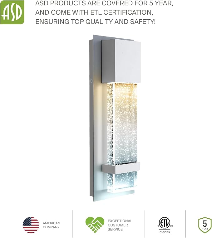 ASD LED 13" Bubble Glass Wall Light Fixture, Outdoor & Indoor Seeded Sconce | 3CCT, Waterproof, Dimmable, ETL Listed | 12W 500LM 3000-5000K 120V | Exterior Lantern, Porch Lighting | White, 2 Pack