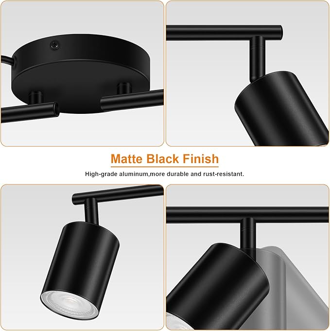 Plug in Track Lighting, LED Track Lighting Fixtures Ceiling, Black 4-Light Kitchen Light Kit, Plug in Wall Light with 14.8ft Power Cord, Rotatable Ceiling Spotlight for Bedroom(GU10 Socket, NO Bulb)