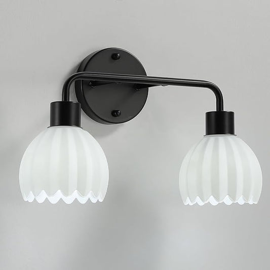 Black 2-Light Vanlity Light Over Mirror,Wall Sconces,Modern Bathroom Light Fixture with Milk White Glass Flower Shade,E26 Socket(Bulbs Not Included)