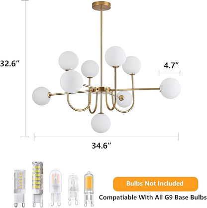 Modern Gold Chandelier Light Fixture,9-Light Sputnik Chandeliers Mid Century Glass Pendant Light Bubble Chandeliers for Dining Room,Kitchen Island,Living Room,Globe Pendant Lighting