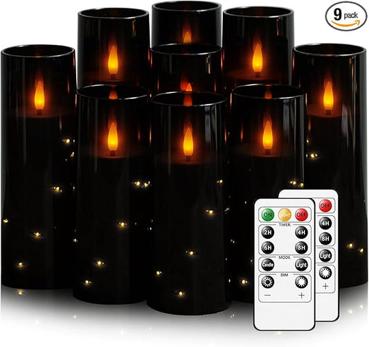 Nimiko Flickering Flameless LED Candles, 9 Pcs with Embedded Star String, Acrylic LED Pillar Candles with Remote, Suitable for Home Decoration (Black)