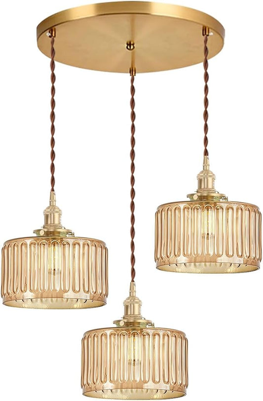 Amber Chandelier Mid-Century Modern Chandelier 3-Light Glass Globes Vintage Gold Brass Finish Striped Glass Hanging Pendant Lights Dining Room Semi Flush Mount Ceiling Light Fixture