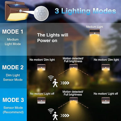 Peasur 6 Packs Solar Outdoor Lights Motion Sensor Solar Security Lights Waterproof with 3 Lighting Modes Solar Powered Wall Lights Outside for Garden Fence Yard Deck, Brown Warm