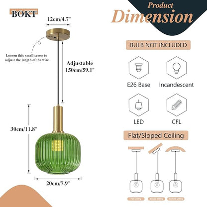 BOKT Mid Century Green Glass Pendant Lights 2-Light Mini Globe Ceiling Pendant Light Ribbed Glass Pendant Light Gold Finish Hanging Light Fixture for Kitchen Island Foyer