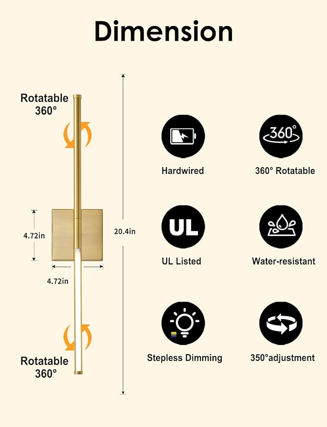 KARTOOSH 20.4 Inch Hardwired Wall Sconces Set of Two, 3000K Warm White Dimmable Modern Wall Sconces, 350° Rotate LED Light Fixtures Wall Lamp for Bathroom Living Room Bedroom Bedside, Brushed Brass