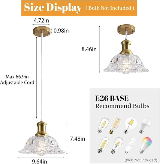 Gold Pendant Light, Vintage Pendant Light Fixture with Clear Glass Shade, Champagne Bronze Pendant Lighting for Kitchen Island, Dining Room, Bedroom, Living Room, Entryway, Hallway