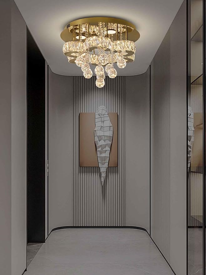 Flashing God 16" Gold Crystal Chandelier Semi Flush Mount Ceiling Light Crystal Close to Ceiling Light Fixtures for Bedroom Living Room Kitchen Hallway Dimmable Lighting 2700k 4500k 6000k