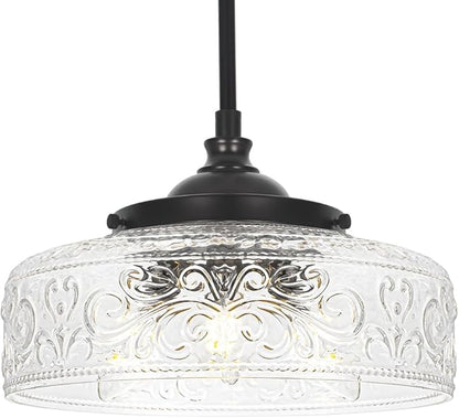 Black 3-Light Pendant Light with 12in Glass Shade, Farmhouse Pendant Lights Kitchen Island, Adjustable Hight & Angle Bathroom Pendant Ceiling Hanging Light Fixtures for Home Bedroom Hallway, 3*E12