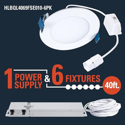 HALO Quicklink 4 Inch Canless Ultra-Thin Recessed Lighting LED Wafer Light for Ceiling and Shower - 6 Pack Starter Kit - 605 Lumens - 5 Selectable Color Temperatures, 0-10V Commercial Dimming