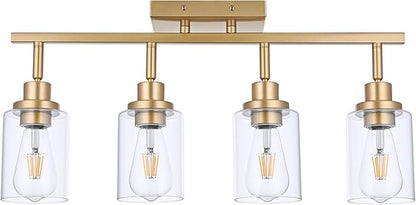 4-Light Gold Track Lighting Kits, Multi-Directional Rotating Kitchen Ceiling Tracking Light Fixture with Clear Glass, Modern Bathroom Ceiling Vanity Track Lights for Kitchen Island Accent Shop