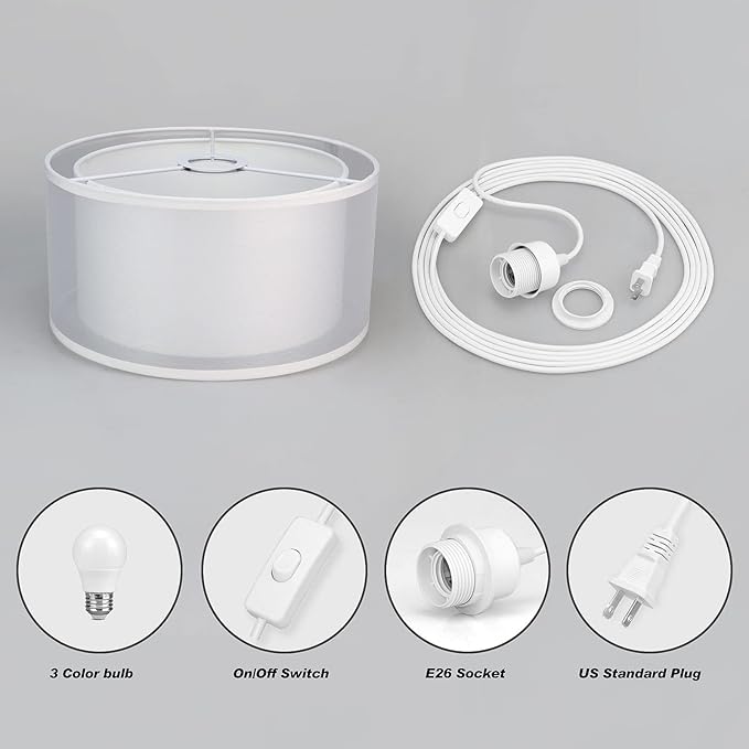 Plug in Pendant Light, 15FT White Cord Hanging Lights with Plug in Cord, Hanging Light with On/Off Switch, Double Linen Shade Fabric Design, Pendant Llight Fixture for Bedroom Living Room Restaurant