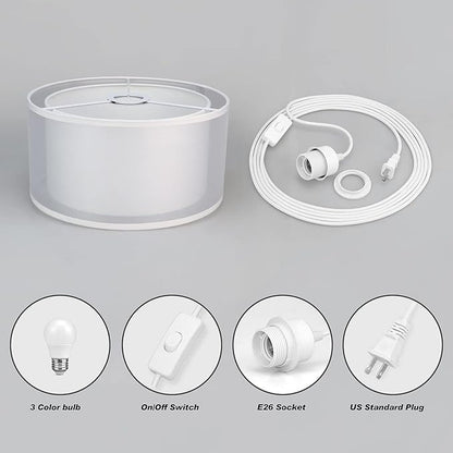 Plug in Pendant Light, 15FT White Cord Hanging Lights with Plug in Cord, Hanging Light with On/Off Switch, Double Linen Shade Fabric Design, Pendant Llight Fixture for Bedroom Living Room Restaurant