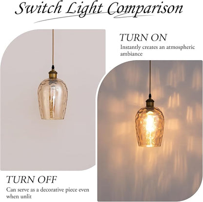 Amber Plug in Pendant Light with Plug in Cord 16.4FT Cord Hand Blown Glass Hanging Lamp with Dimmable Switch E26 Plug in Ceiling Light Fixture for Dining Room Living Room Bar (Bulb not Included)