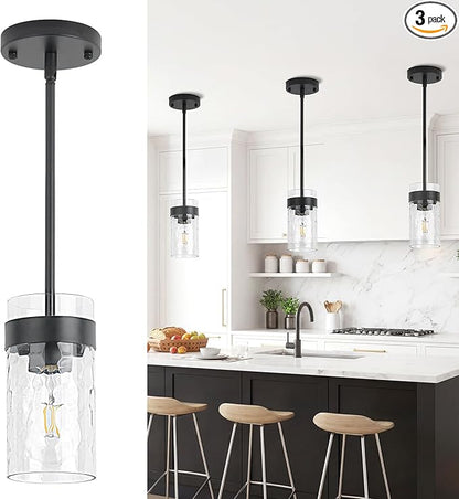 Water Ripple Glass Pendant Lights Kitchen Island Black Pendant Light Fixtures Adjustable Modern Mini Hanging Light for Sink Dining Room Foyer Entryway Bar, 3 Pack