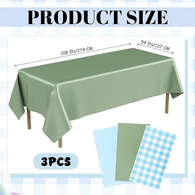Oudain 3 Pcs Silly Goose Theme Party Blue & Sage Green & Checkered Party Tablecloth 54 x 108 Inch Plastic Rectangle Tablecloth Waterproof Table Cover for Baby Shower Silly Goose Birthday Decoration