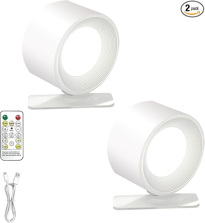 Rechargeable Wall Sconce with Remote & Touch, 360° Rotatable Battery Operated Wall Lights, 3-Color Dimmable, No Drill Adhesive, Ultra Long Battery for Bedroom Reading（White-2PC）