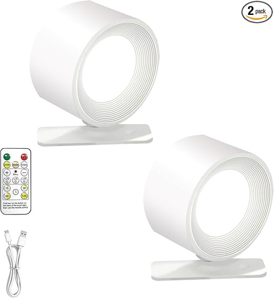 Rechargeable Wall Sconce with Remote & Touch, 360° Rotatable Battery Operated Wall Lights, 3-Color Dimmable, No Drill Adhesive, Ultra Long Battery for Bedroom Reading（White-2PC）