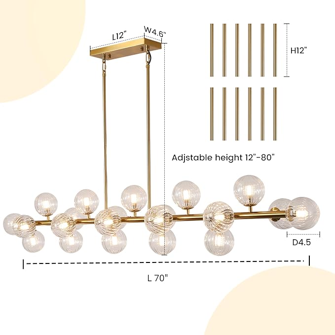 Gold Linear Large Chandelier Modern Chandelier Glass Pendant Light Fixture Adjustable for Dining Living Room Kitchen Island 22-Light 70"