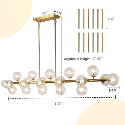 Gold Linear Large Chandelier Modern Chandelier Glass Pendant Light Fixture Adjustable for Dining Living Room Kitchen Island 22-Light 70"