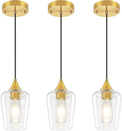 3-Pack Brushed Gold Pendant Lights Kitchen Island, Modern Glass Pendant Lighting Over Island Kitchen Hanging Light Fixtures Hallway Pendant Lights for Bathroom Dining Room Entryway Foyer Bedroom
