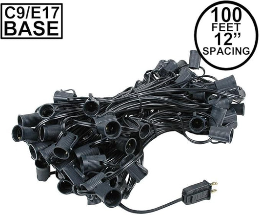 Novelty Lights 100 Foot C9 Outdoor String Light Christmas Stringer - Patio String Lights - Intermediate Base (C9/E17) - 12" Spacing - Black Wire