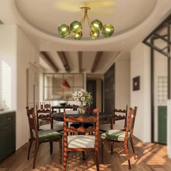 8-Light Flush Mount Light Vintage Gold Sputnik Chandelier Light Fixtures Ceiling Mount Green Round Glass Globe Shade, Semi Flush Mount Ceiling Light for Living Room Kitchen