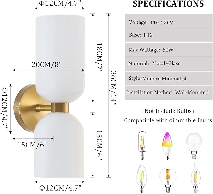 Modern Glass Wall Sconces- Double Head Wall Lighting with Long Short Glass Shades- Bathroom Vanity Light Mid-Century Up Down Hardwired Wall Lamp Indoor for Bedroom Hallway Living (Gold-White)